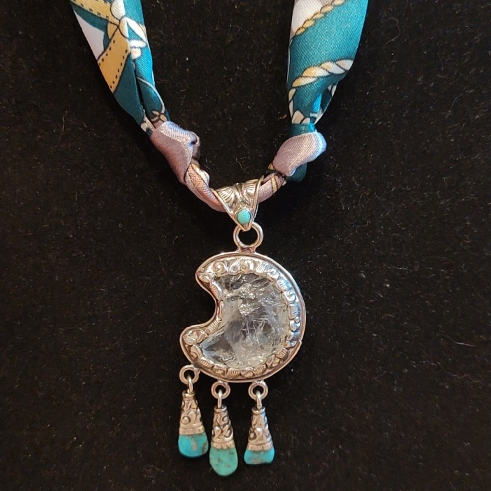 Tibetan Crystal And Turquoise Crescent Moon Pendant On Silk Scarf Necklace